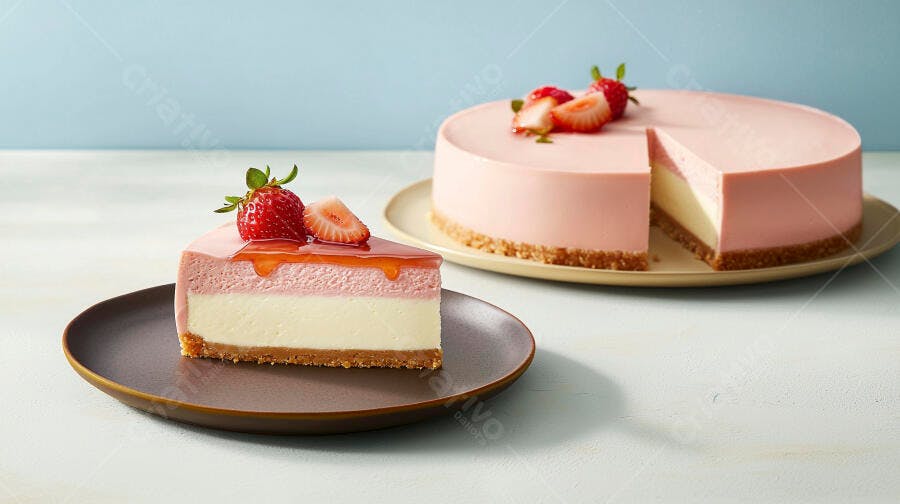 Cheesecake de morango fresco com fatia em primeiro plano e bolo inteiro