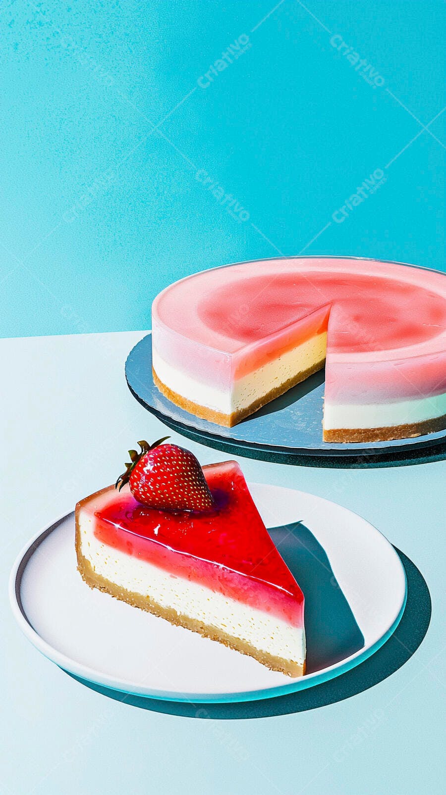 Cheesecake de morango com fatia decorada em fundo azul claro
