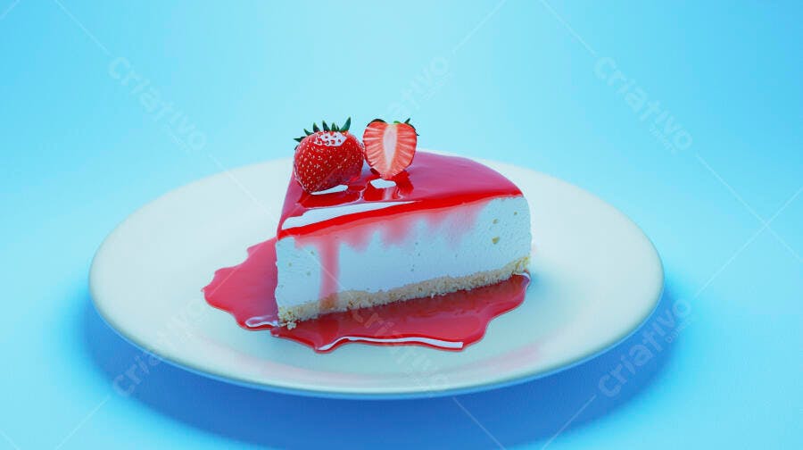 Fatia de cheesecake cremoso com calda de morango e frutas frescas em fundo azul claro