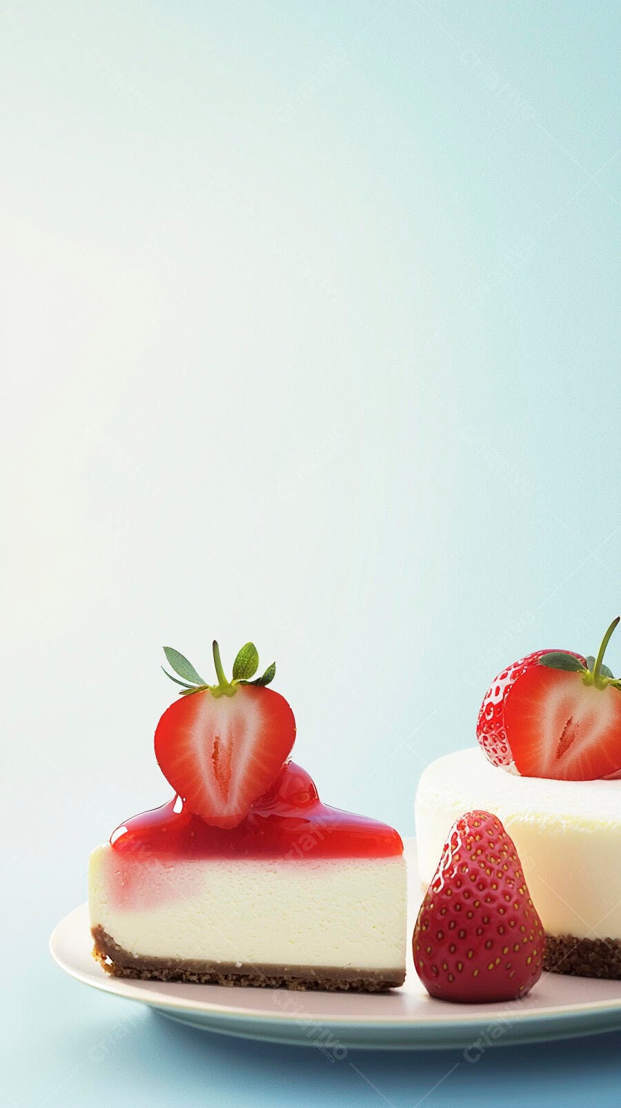 Cheesecake de morango com calda vermelha e frutas frescas sobre fundo azul claro