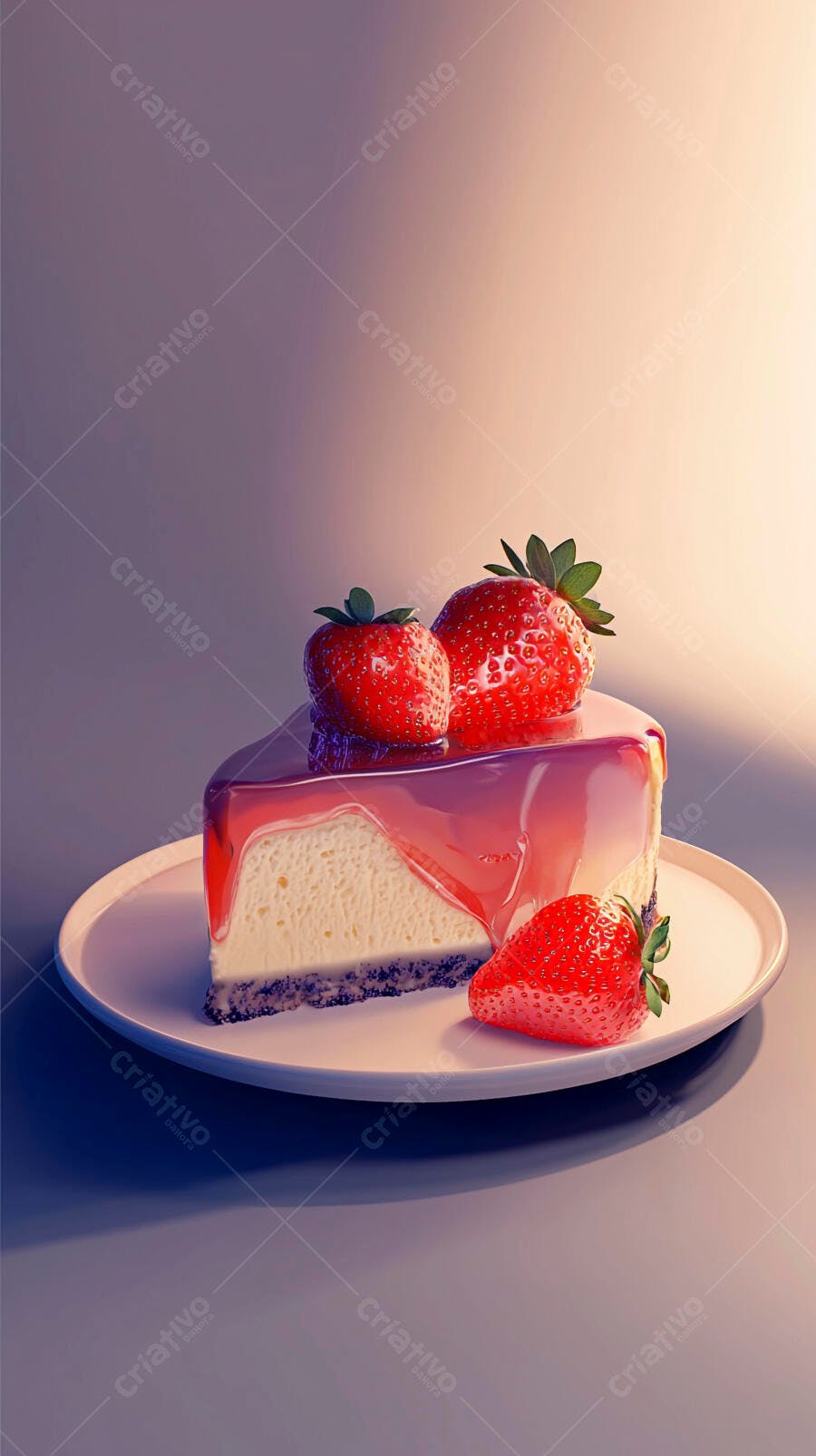 Fatia de cheesecake de morango com calda vermelha e morangos frescos