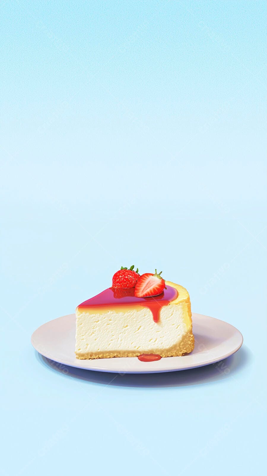 Fatia de cheesecake com morangos frescos e calda vermelha em fundo azul claro