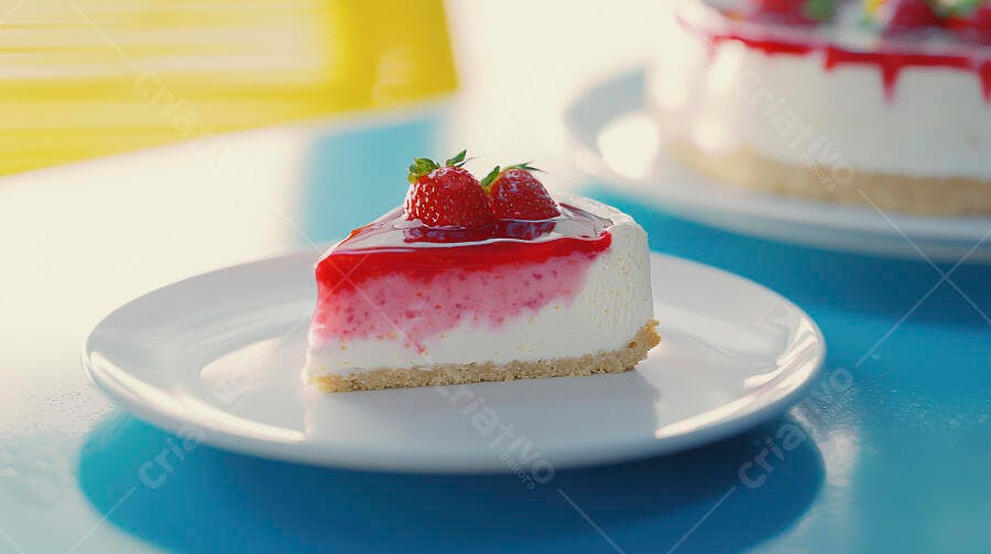 Fatia de cheesecake com morangos e calda vermelha em prato branco sobre mesa azul
