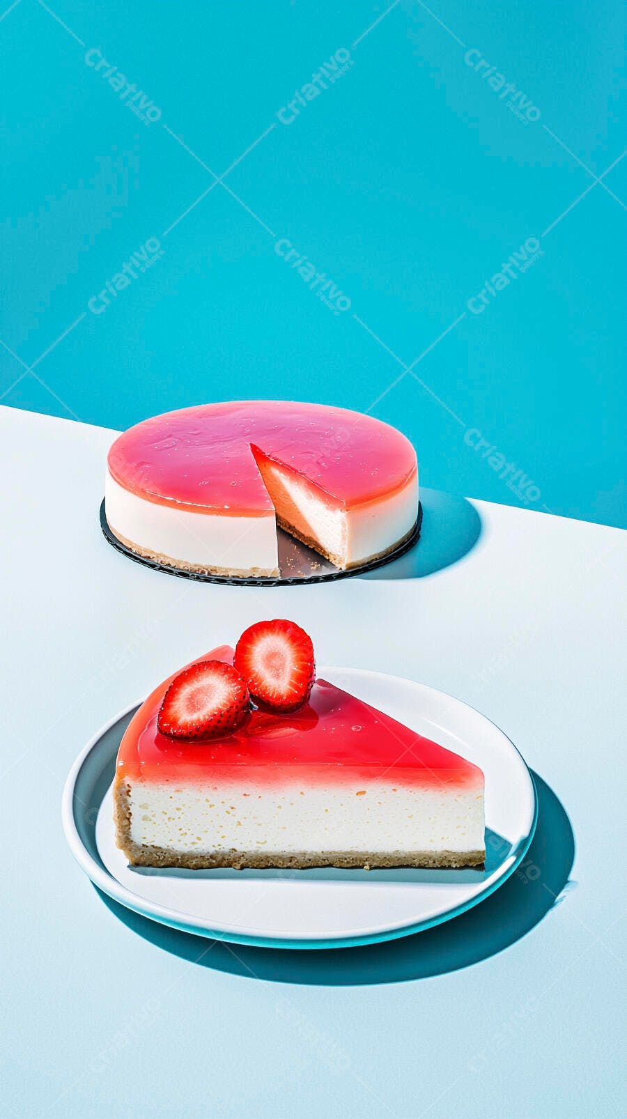 Torta de cheesecake de morango com fatia cortada e fundo azul vibrante