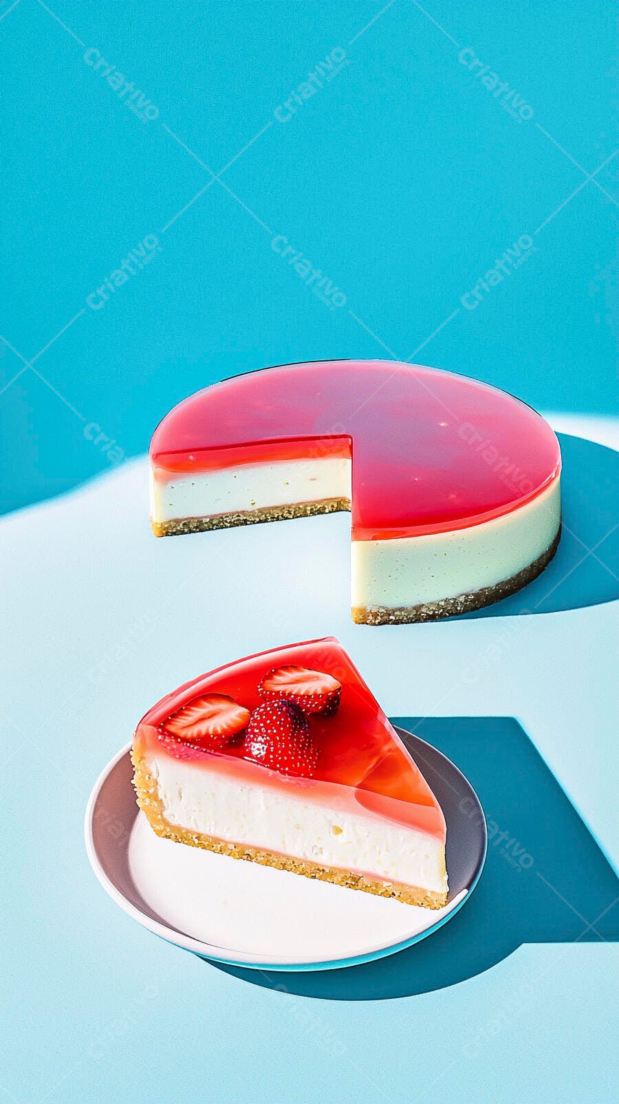 Cheesecake de morango inteiro e fatia em fundo azul claro minimalista