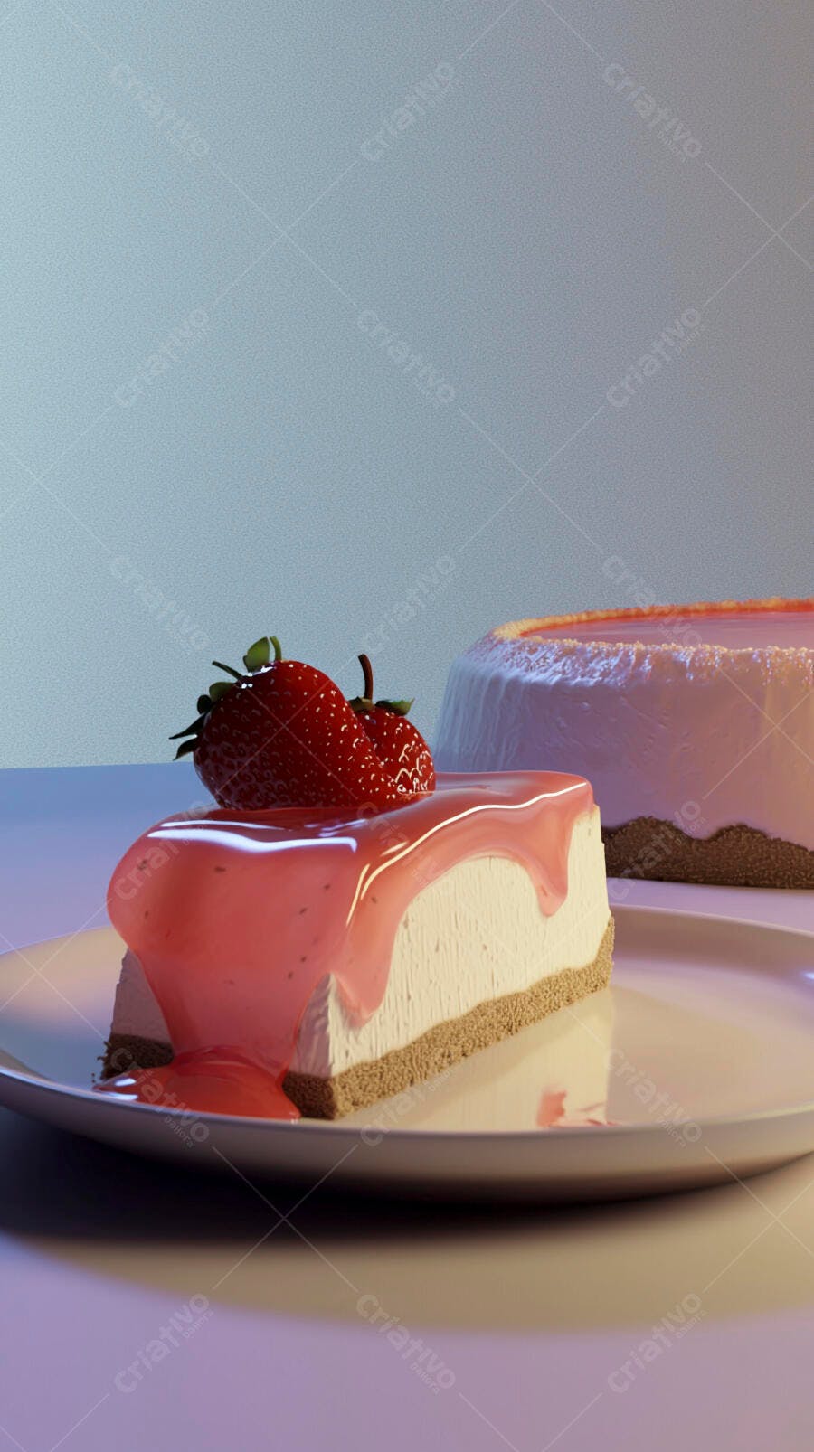 Fatia de cheesecake com calda de morango e frutas vermelhas em prato branco