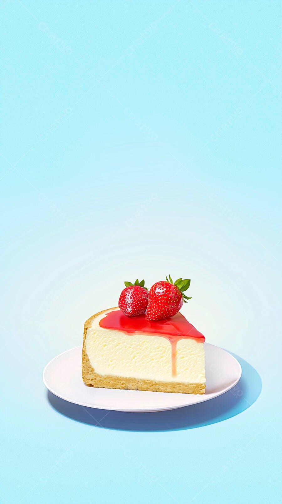 Fatia de cheesecake com morangos frescos e calda vermelha em fundo azul