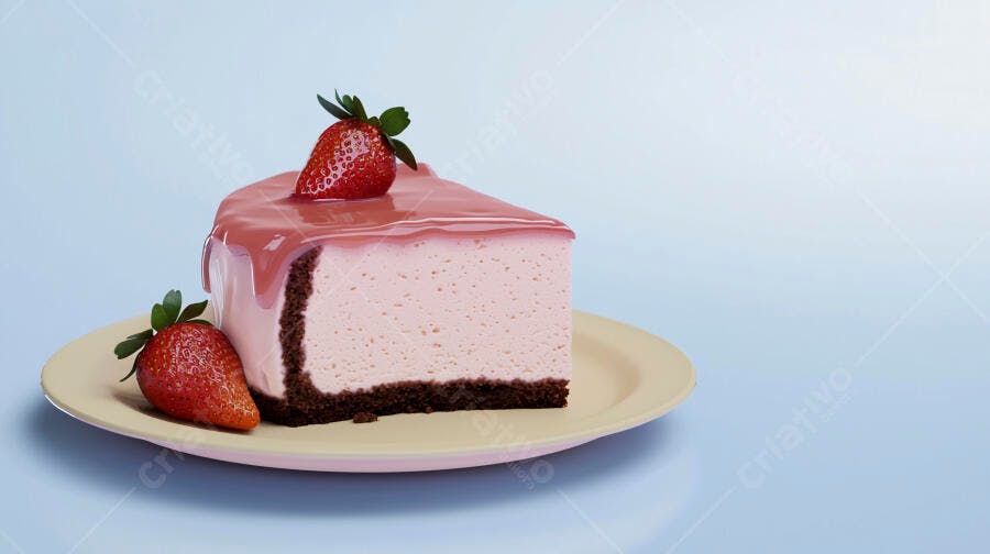 Cheesecake de morango fresco com calda rosa em prato