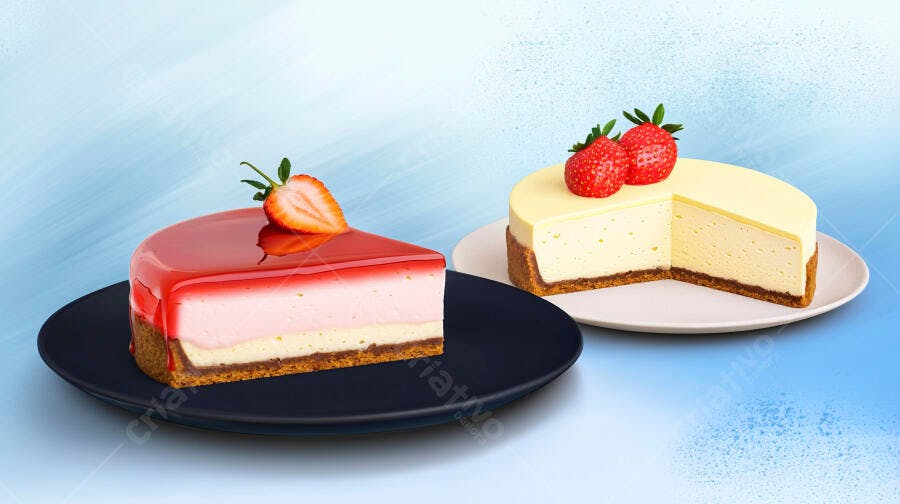 Duas tortas cheesecake de morango e creme em pratos sobre fundo azul claro