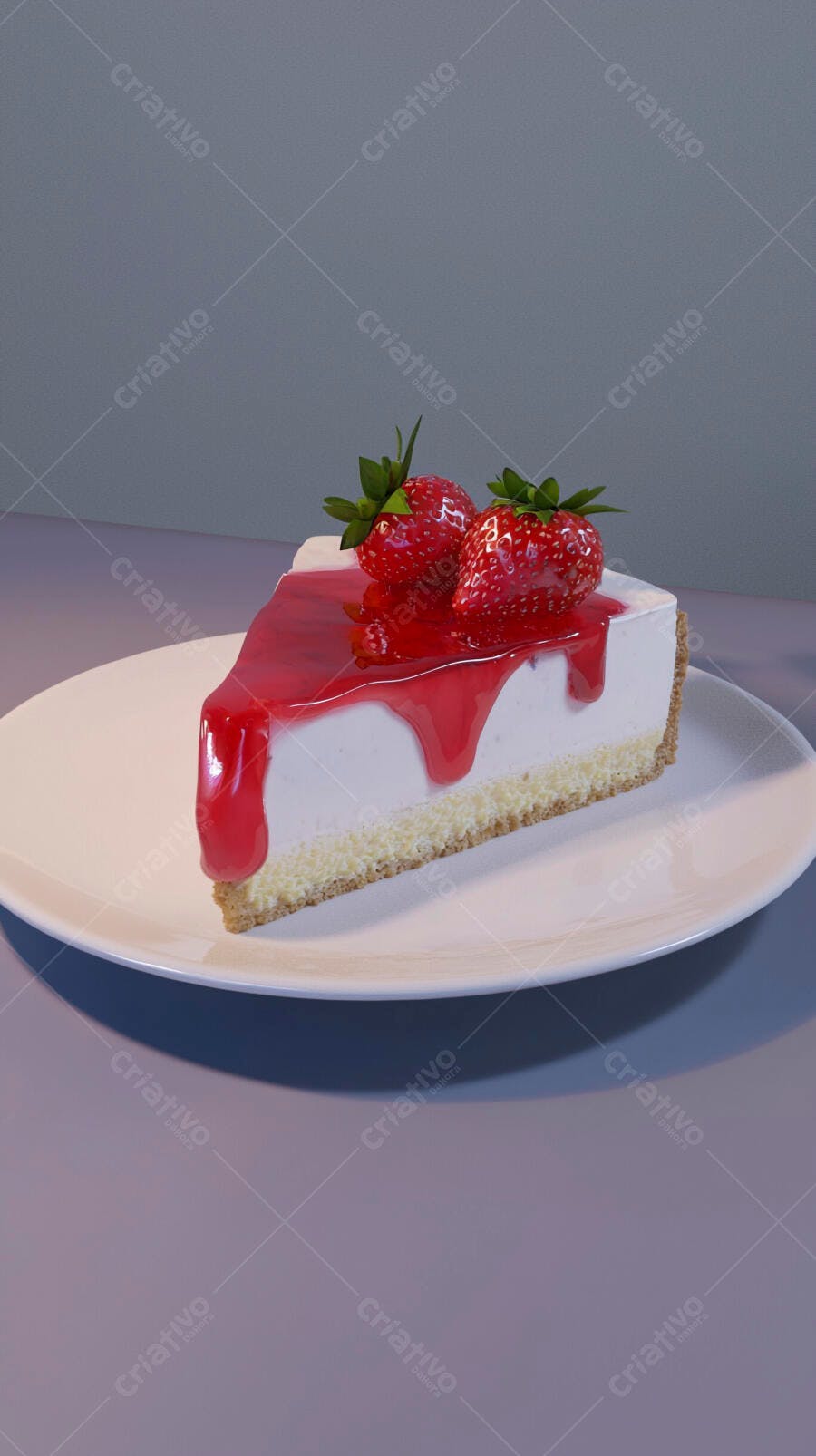 Fatia de cheesecake com calda vermelha e morangos frescos em prato branco