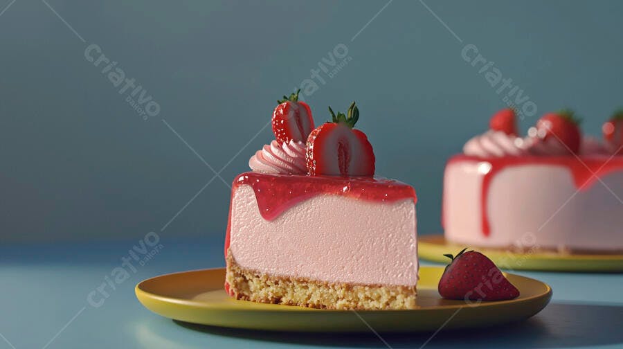 Fatia de cheesecake de morango rosa glacê e chantilly em prato amarelo