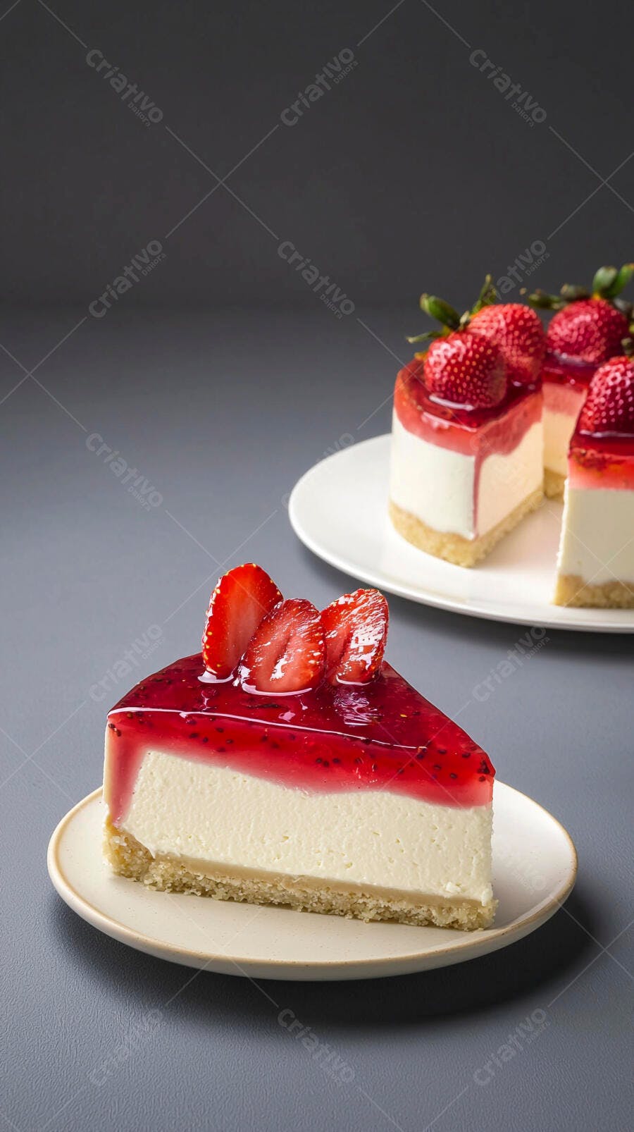 Fatia de cheesecake de morango com calda e frutas frescas em fundo cinza