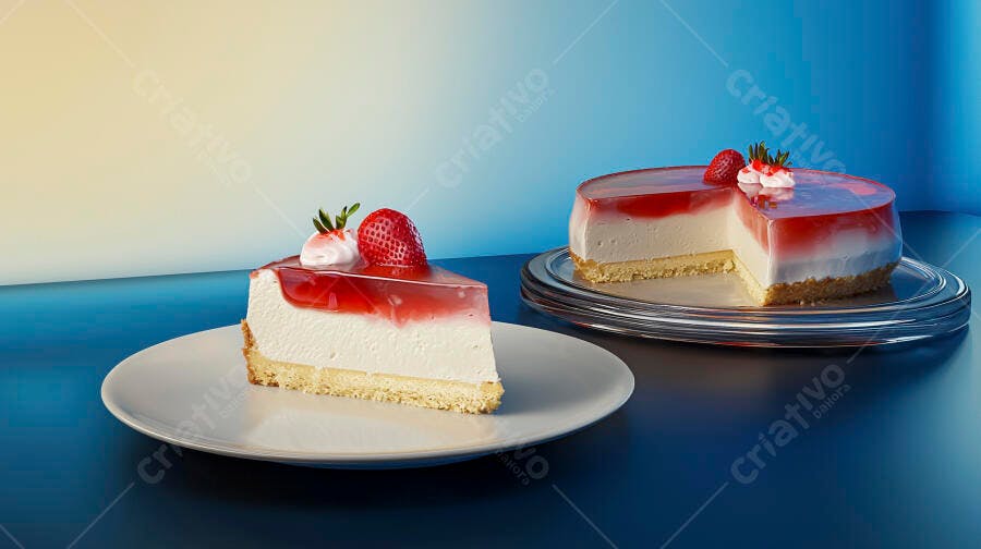 Fatia de cheesecake de morango e bolo inteiro em fundo azul vibrante