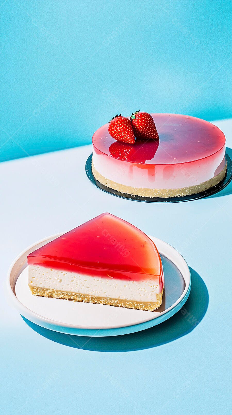 Cheesecake de morango e fatia com fundo azul luminoso