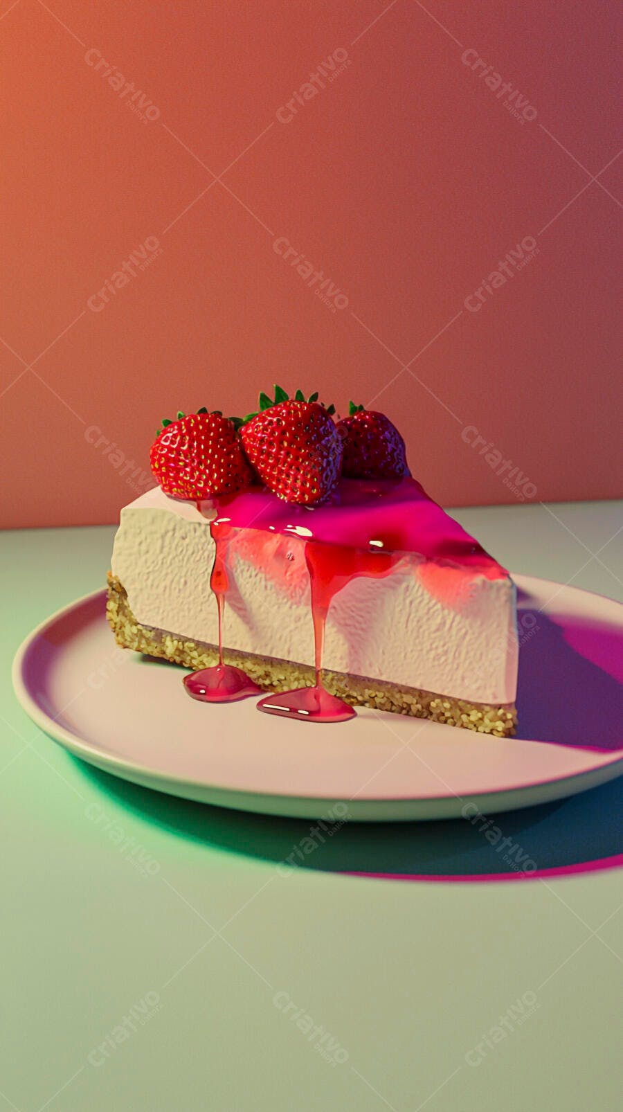 Fatia de cheesecake com morangos frescos e calda rosa em estúdio vibrante