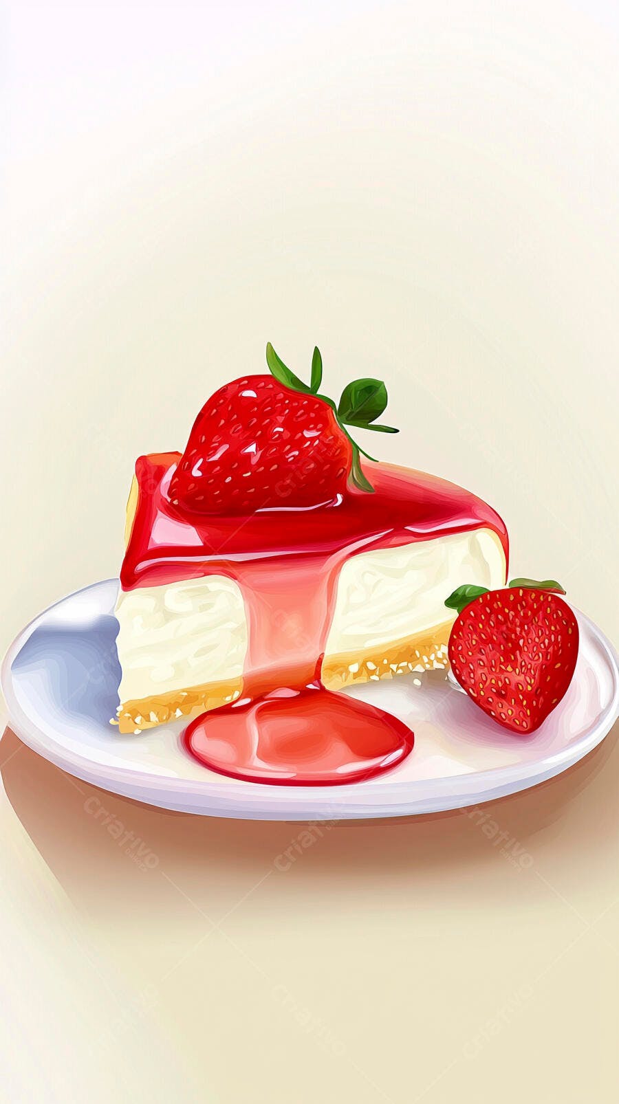 Fatia de cheesecake com calda de morango e frutas frescas em prato branco