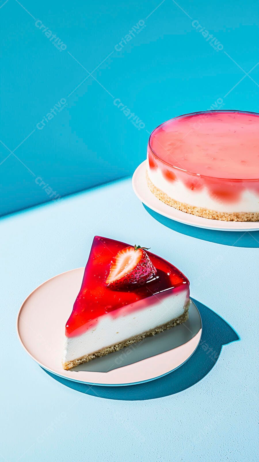 Torta cheesecake de morango fatiada e inteira fundo azul