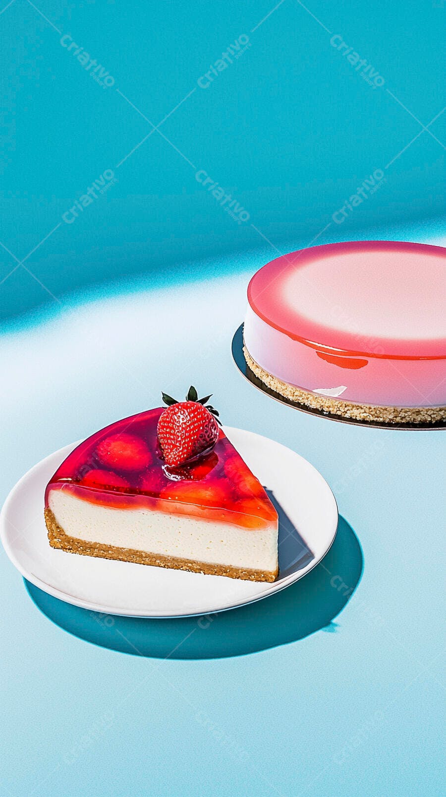 Fatia de cheesecake de morango e bolo inteiro com cobertura brilhante em fundo azul