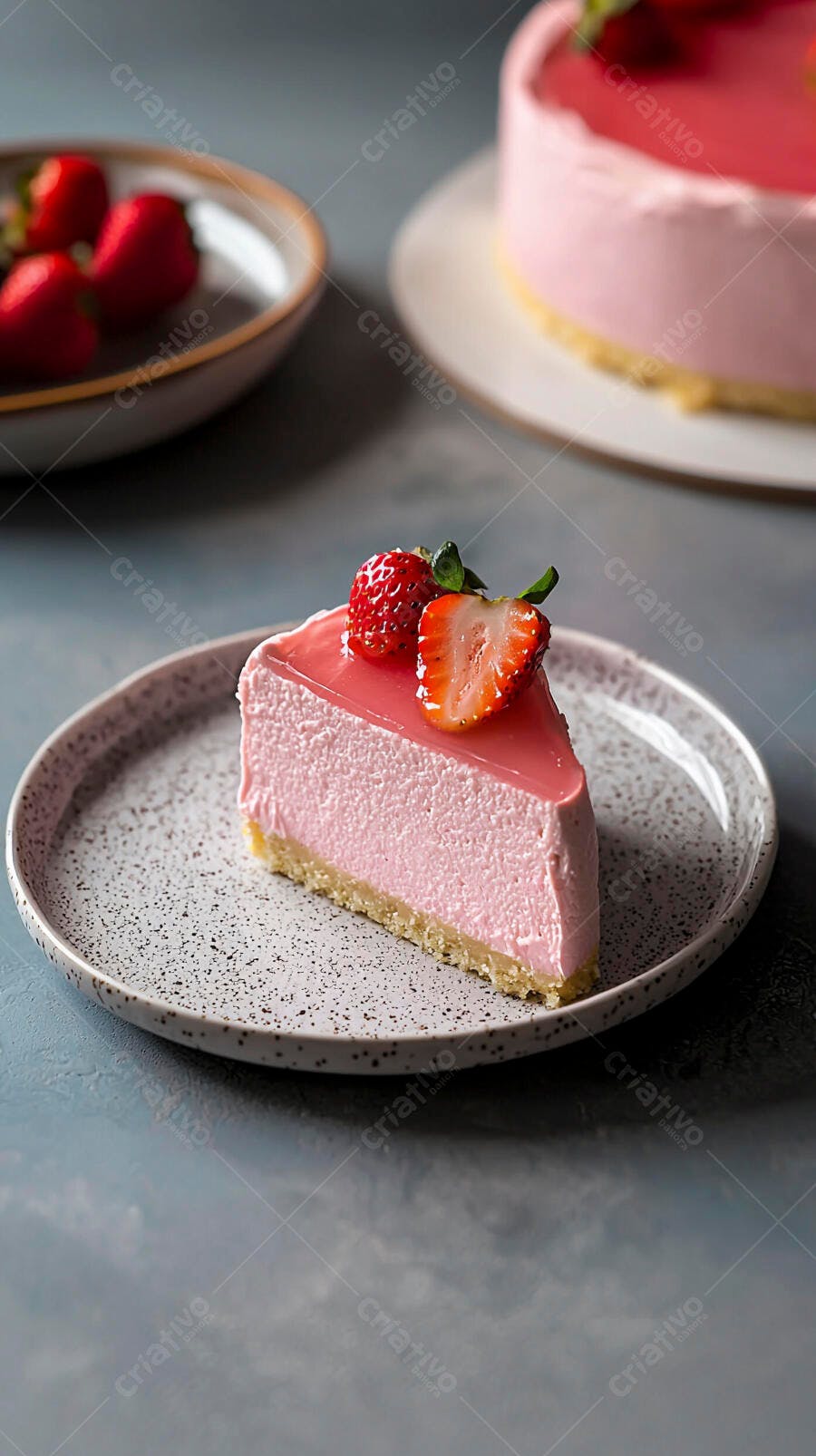 Fatia de cheesecake de morango rosa com morangos frescos em prato cinza