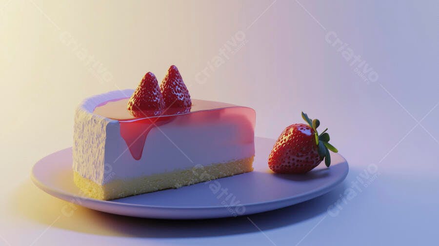 Fatia de cheesecake de morango fresco em prato claro com geleia vermelha