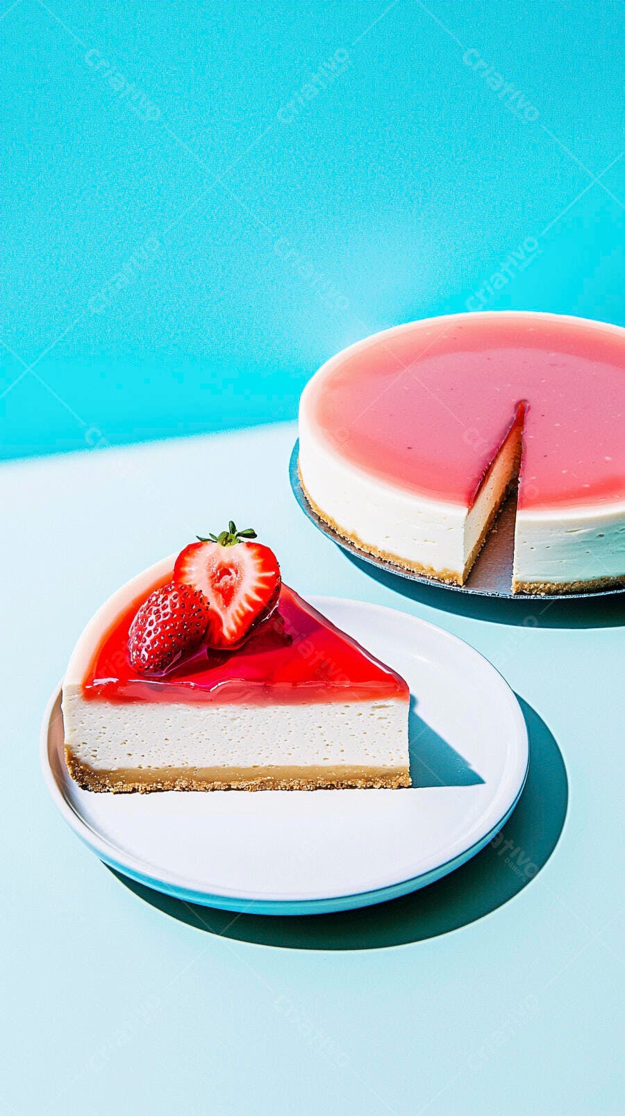 Cheesecake de morango com fatia e fundo azul vibrante