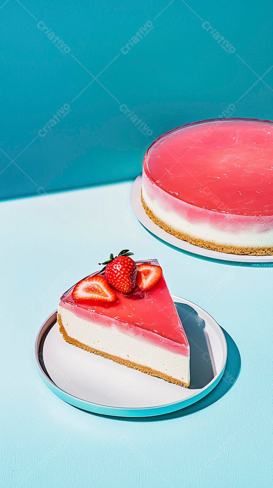 Fatia e bolo inteiro de cheesecake de morango com gelatina rosa em fundo azul claro