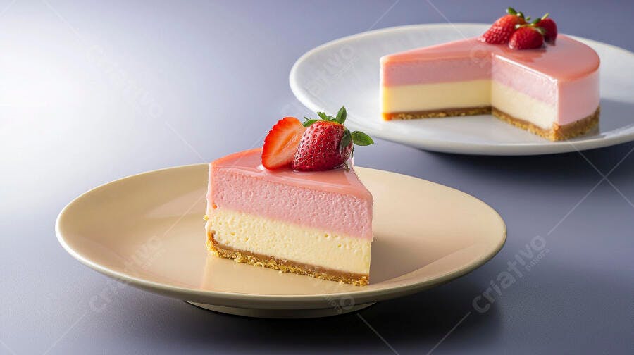 Fatia de cheesecake de morango rosa e creme com frutas frescas em prato claro