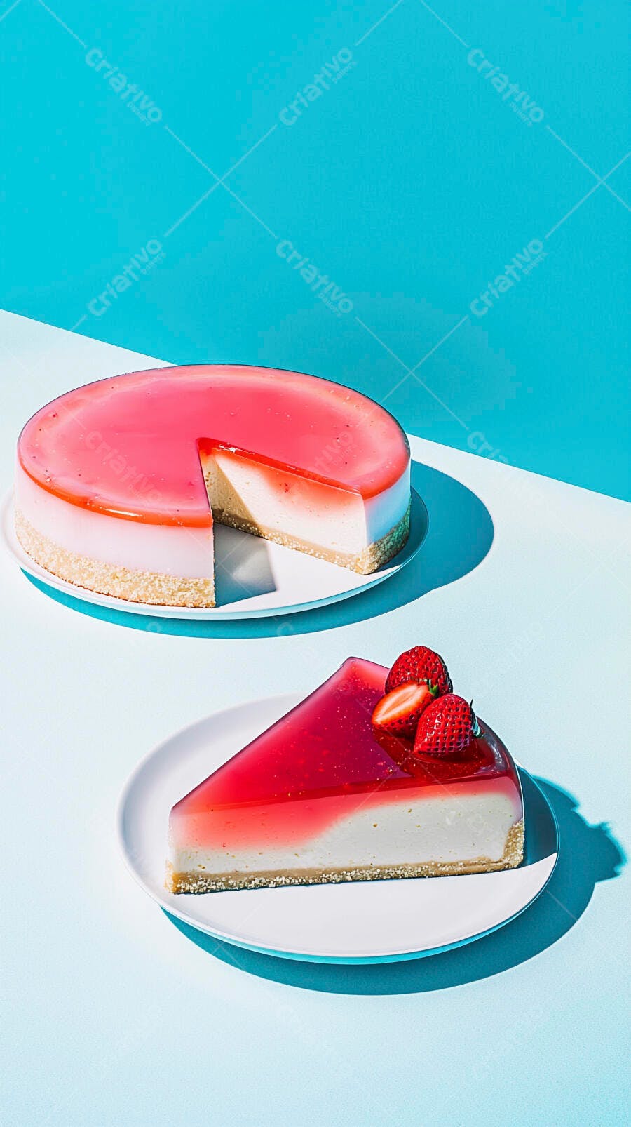 Cheesecake de morango e geleia vermelha em fundo azul claro minimalista