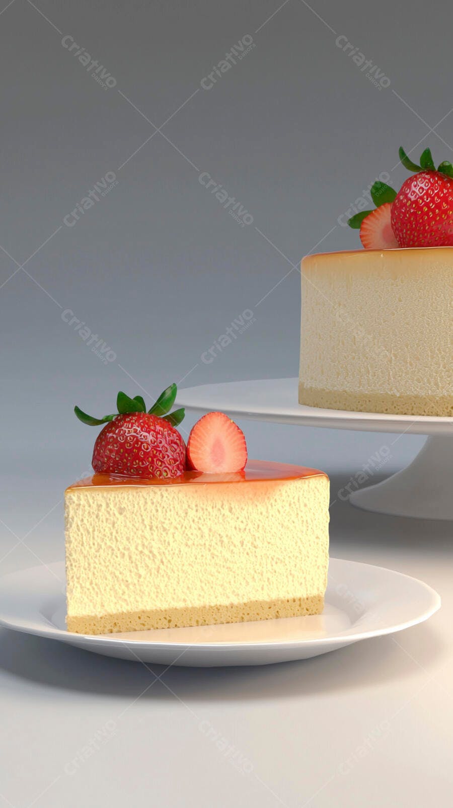 Fatia de cheesecake com morangos frescos e calda caramelo sobre prato branco