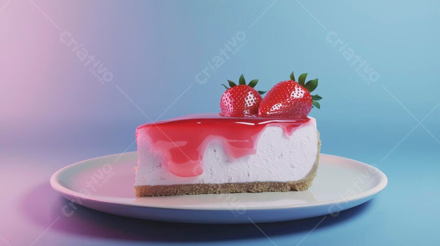 Bolo cheesecake fatia com calda de morango e frutas frescas em prato branco
