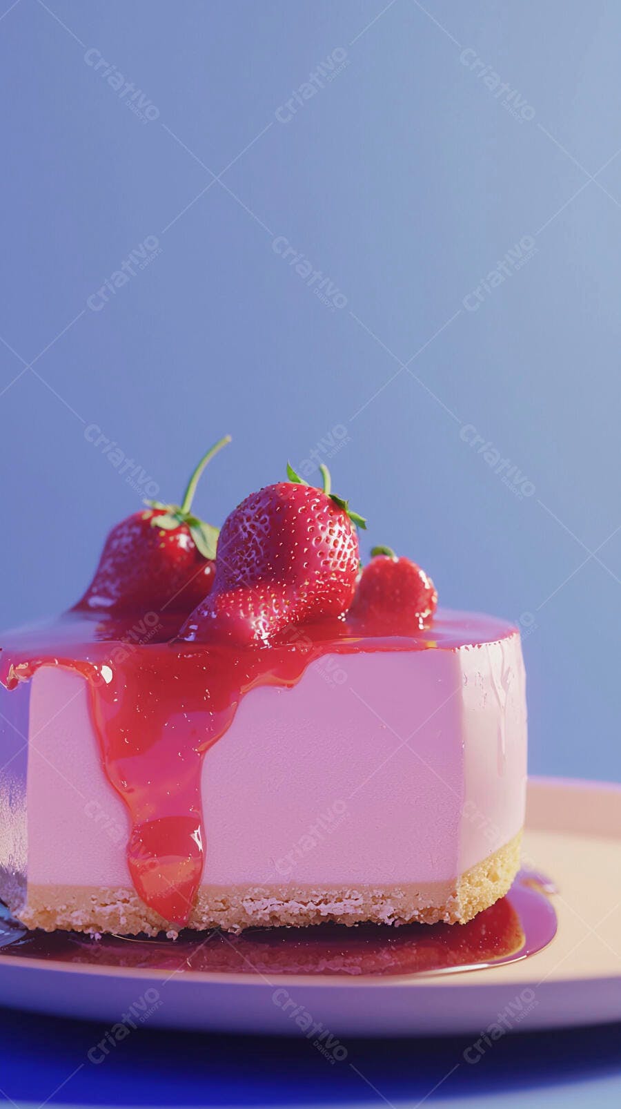 Bolo de morango rosa com calda vermelha e frutas frescas em fundo azul