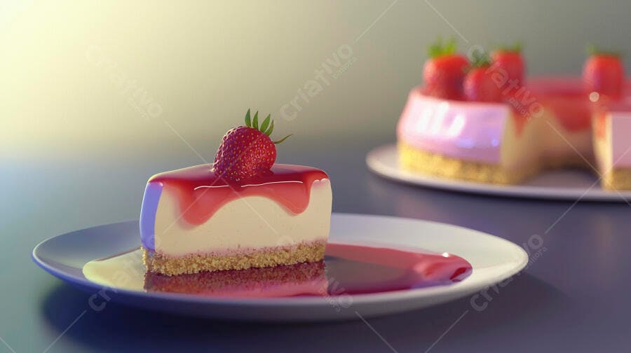 Cheesecake de morango com calda vermelha em prato fundo claro e fundo desfocado