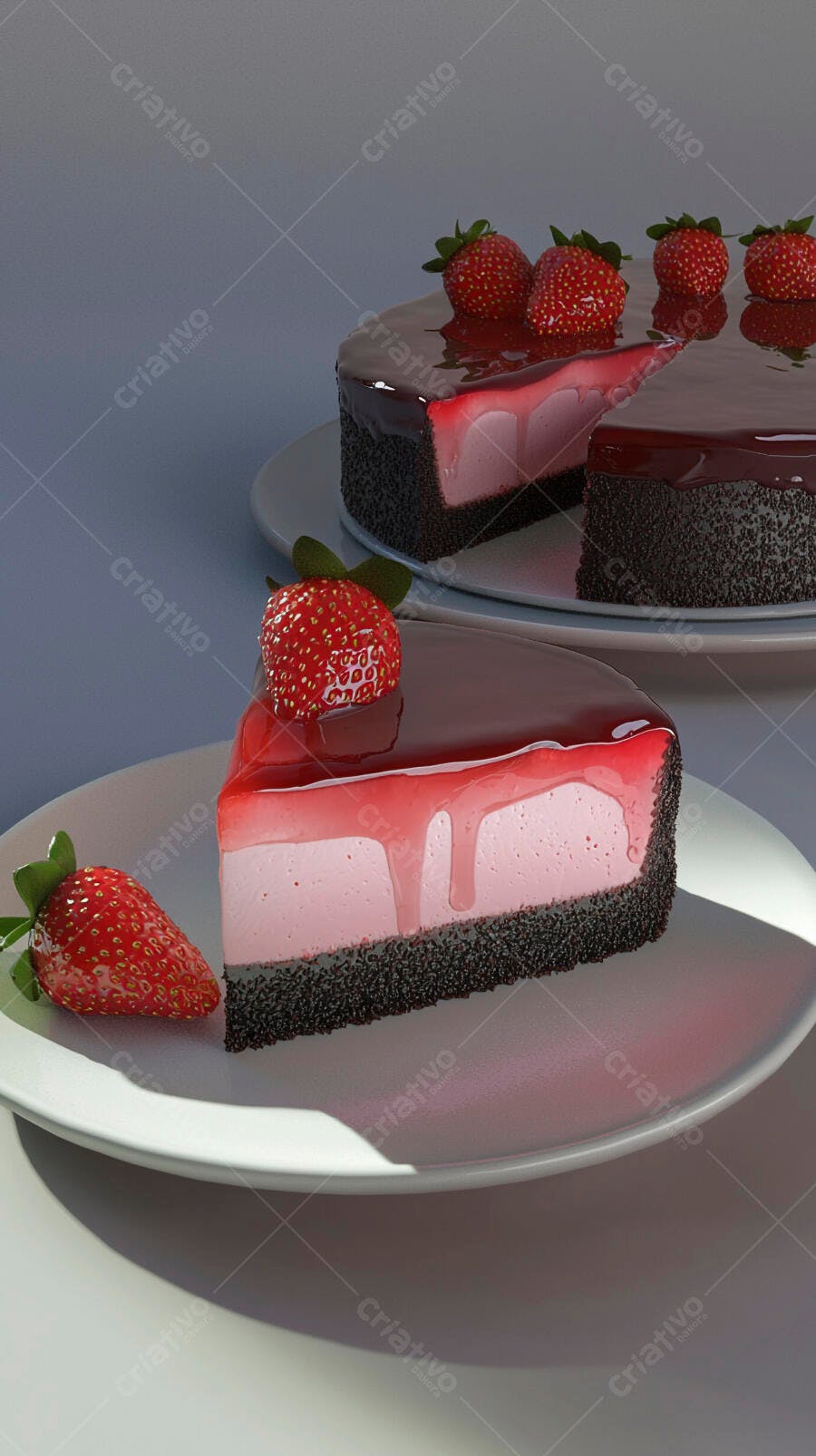 Torta cheesecake de morango com calda vermelha e base crocante em estúdio
