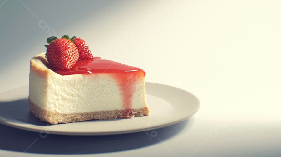 Fatia de cheesecake com calda de morango vibrante e morangos frescos no topo