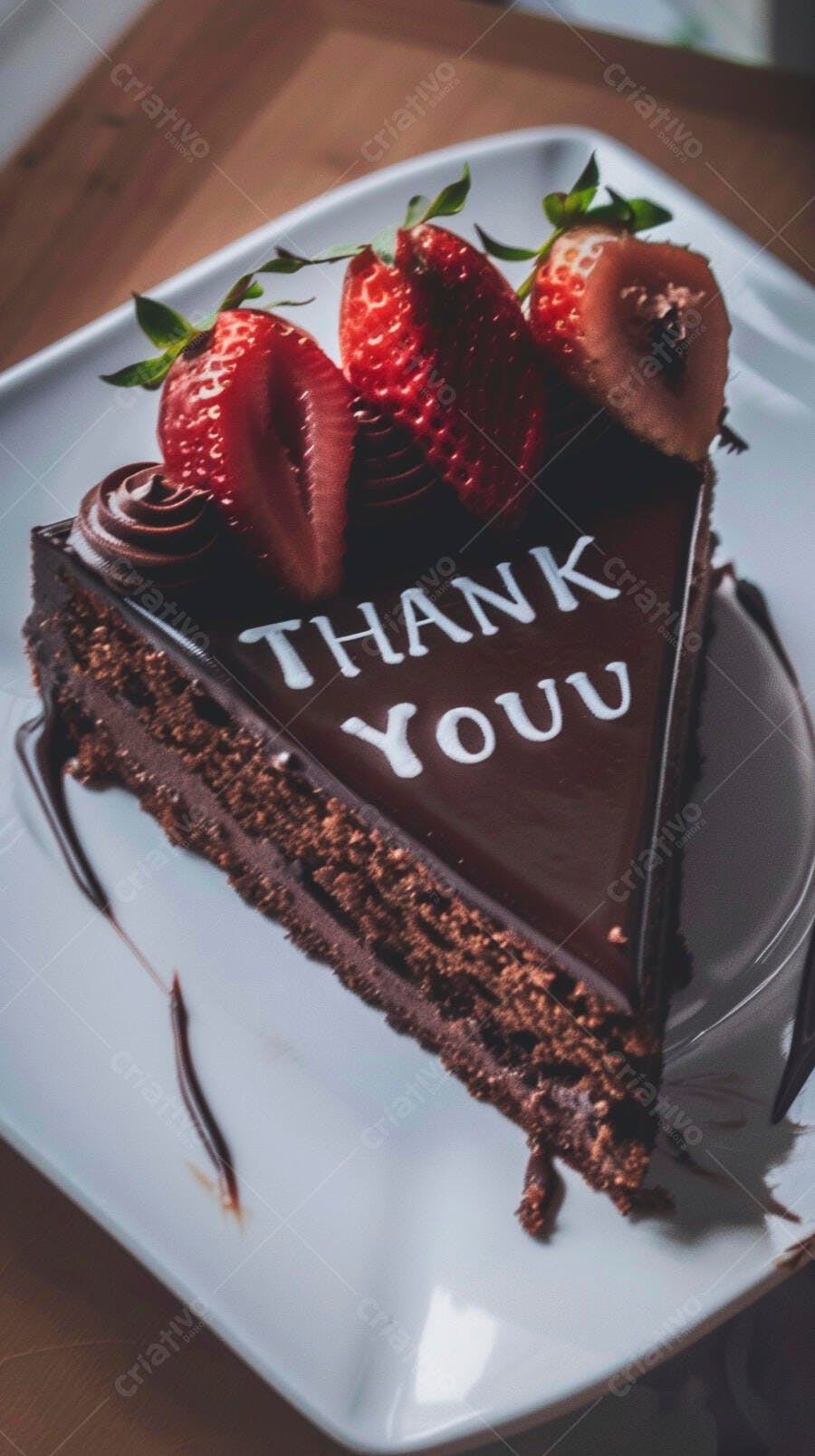 Fatia de bolo de chocolate com morangos frescos e mensagem de agradecimento em prato branco