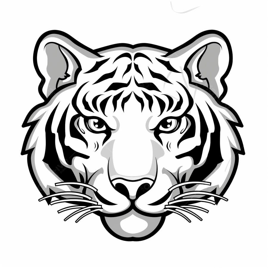 Cabeça de tigre em preto e branco ilustração forte e estilizada