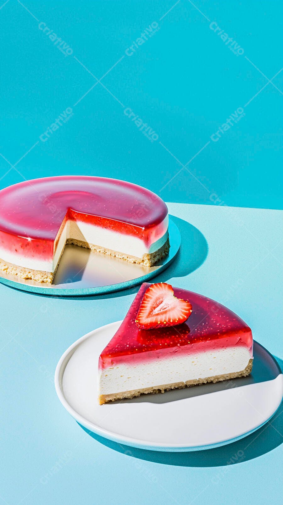 Torta de morango e cream cheese com fatia destacada em fundo azul