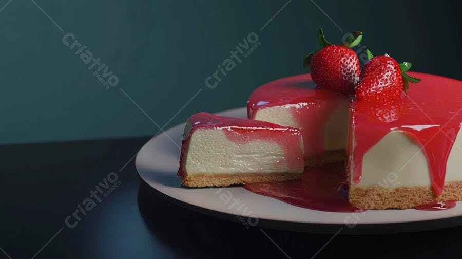 Cheesecake de morango com fatia cortada e calda vermelha