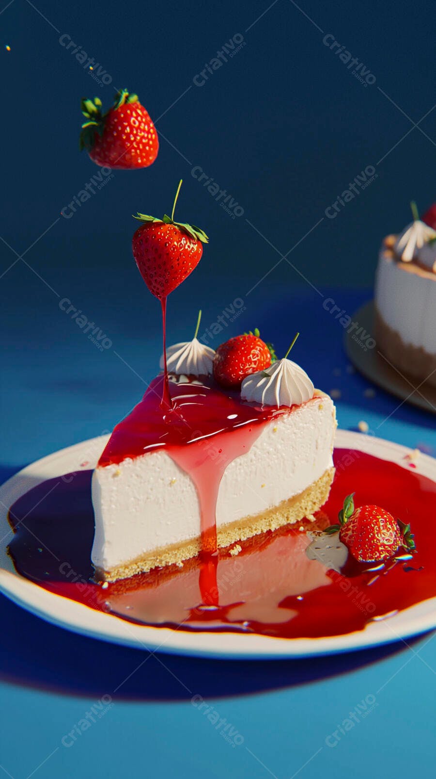 Cheesecake de morango fresco com calda vermelha e frutas flutuantes