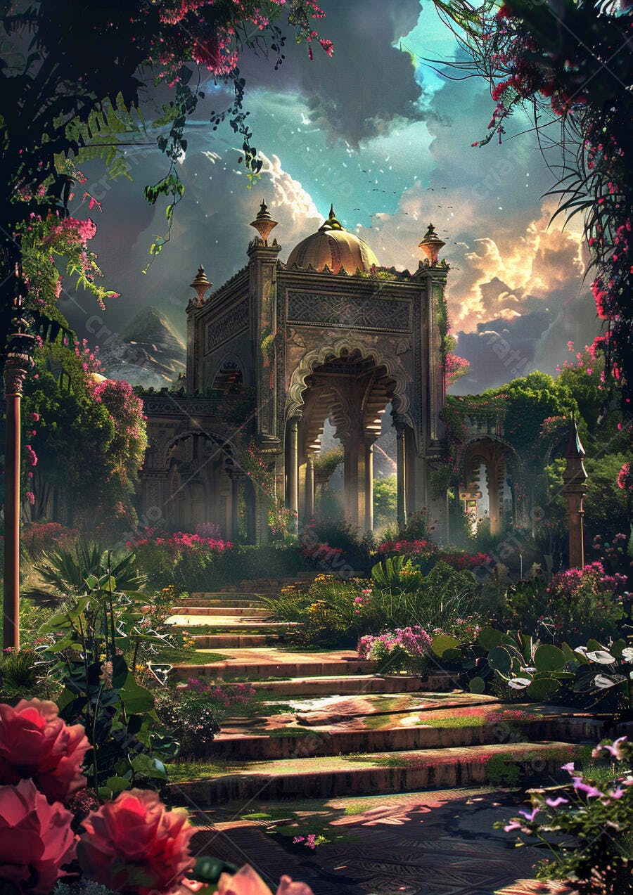 Pavilhão antigo ornamentado em jardim exuberante com flores vibrantes e céu dramático