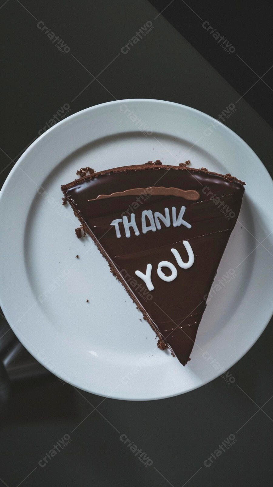 Fatia de bolo de chocolate escuro com mensagem THANK YOU em prato branco