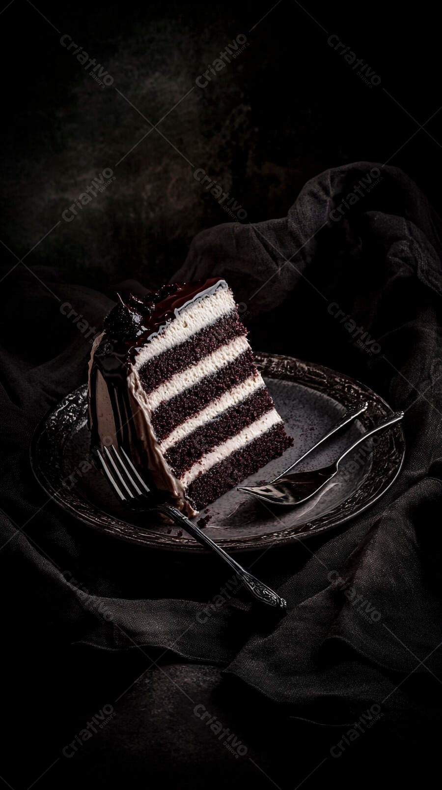 Fatia de bolo de chocolate com creme branco em prato escuro elegante