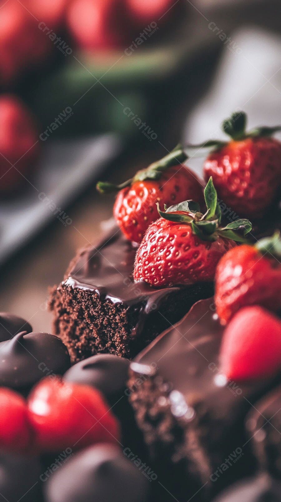 Fatia de bolo de chocolate com morangos frescos e ganache escura
