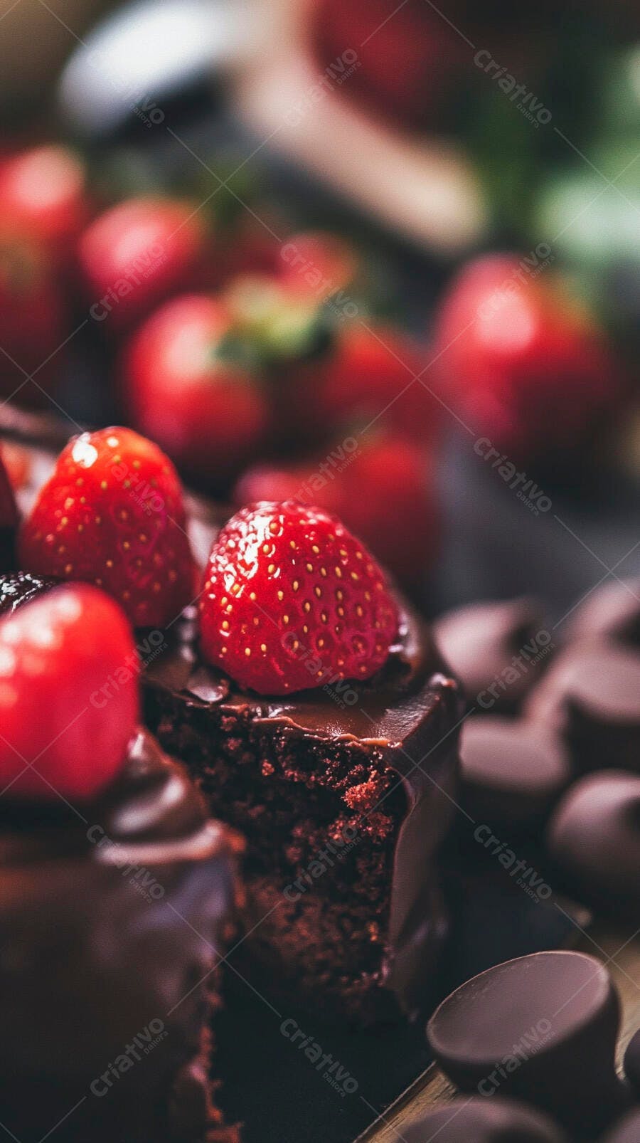 Bolo de chocolate com morangos frescos e gotas de chocolate gourmet