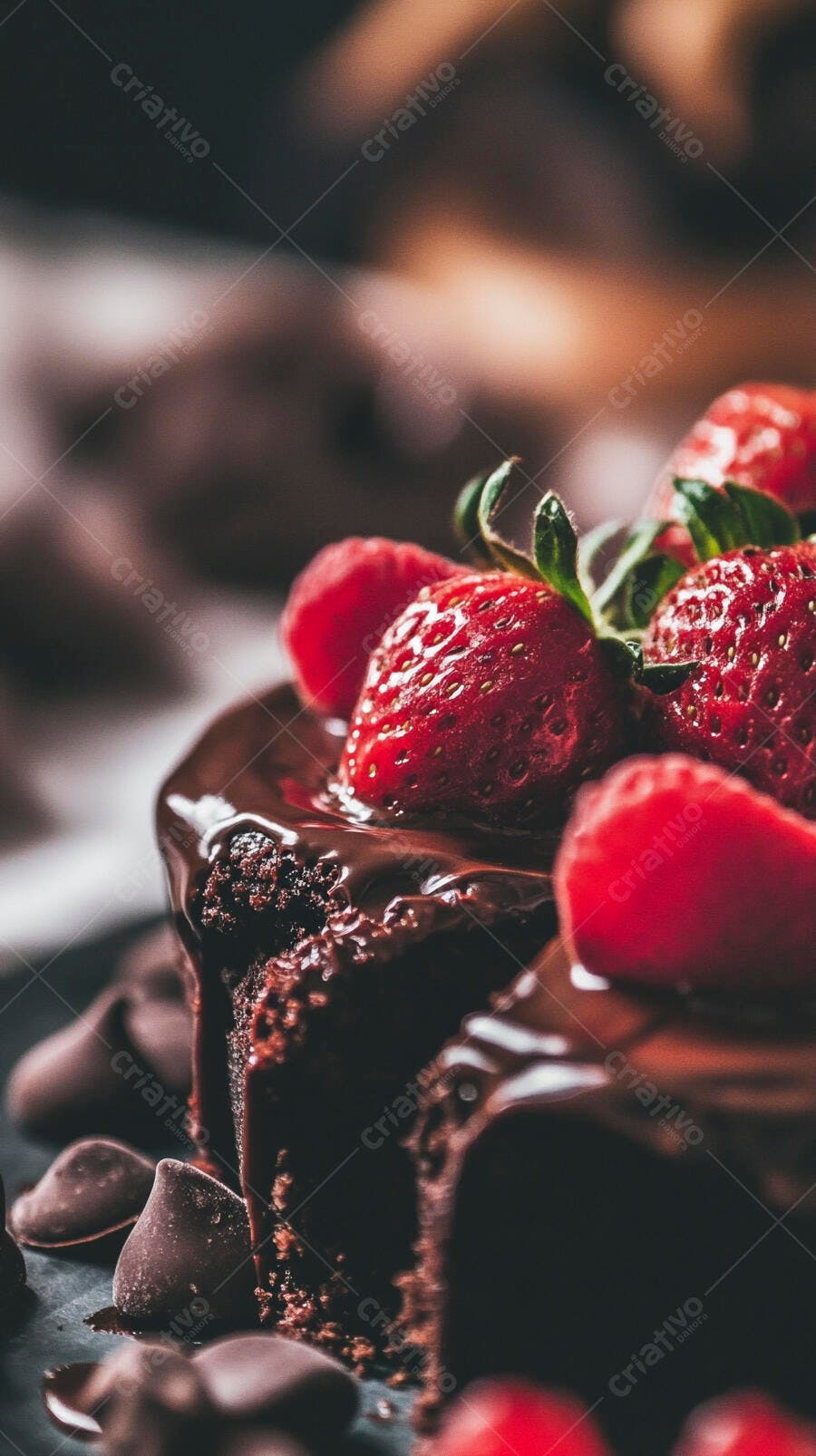 Bolo de chocolate com morangos frescos e cobertura de ganache, lascas de chocolate ao redor