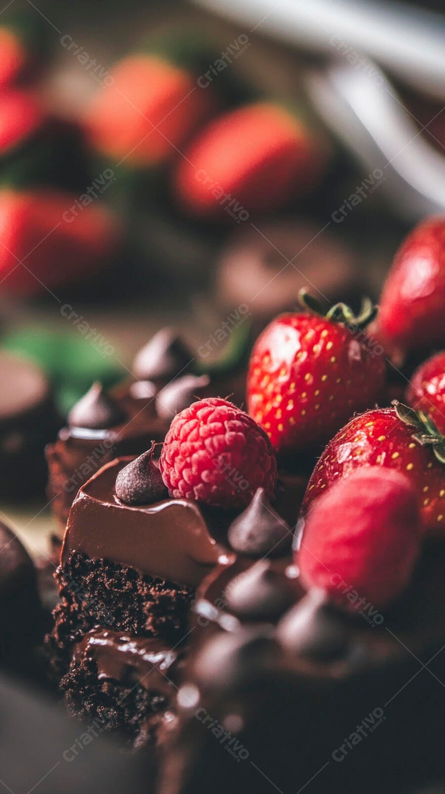 Bolo de chocolate com framboesas morangos e gotas de chocolate
