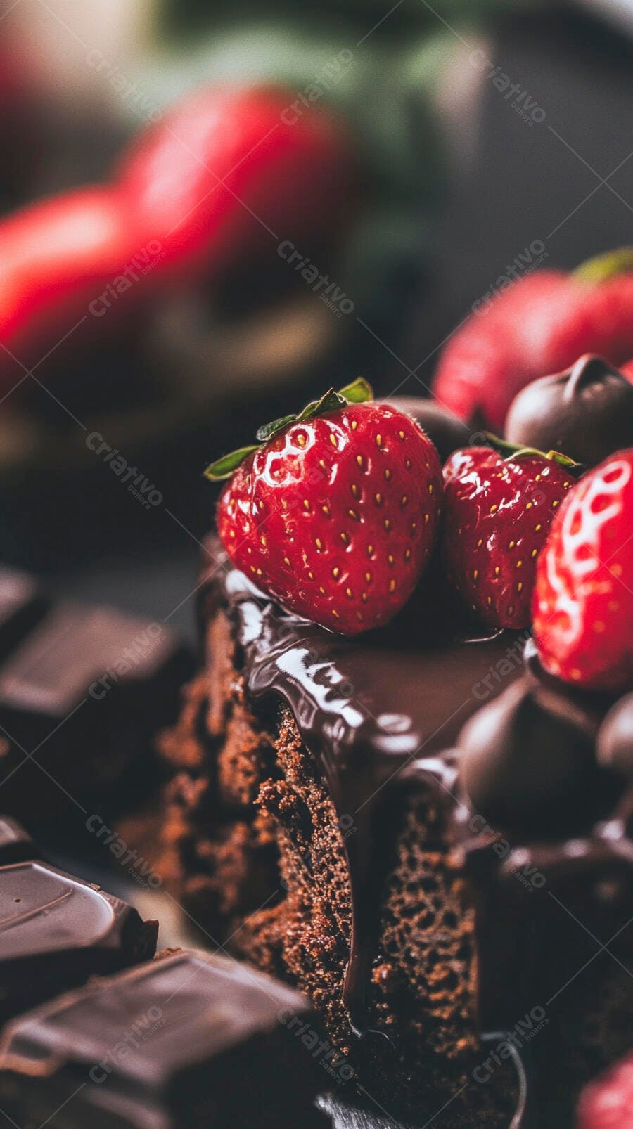Bolo de chocolate com morangos frescos e cobertura cremosa em close-up