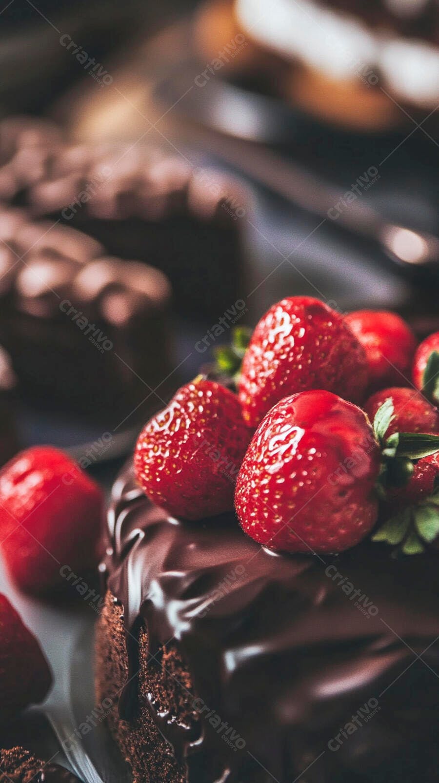 Bolo de chocolate decadente com morangos vermelhos brilhantes