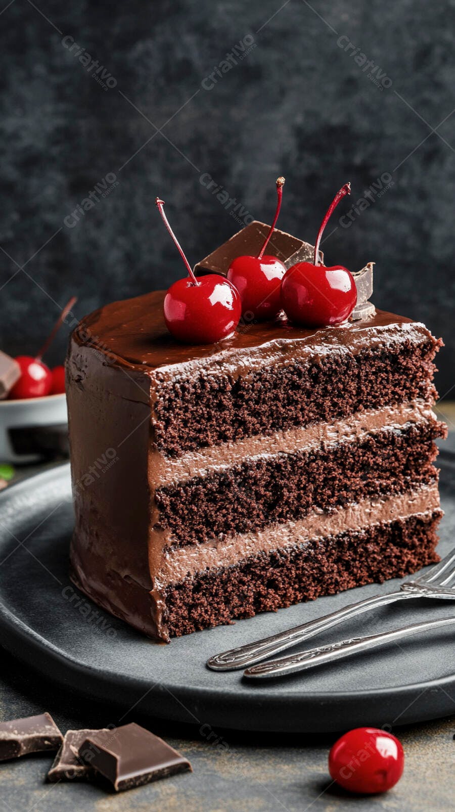 Fatia de bolo de chocolate decadente com cerejas e ganache escura