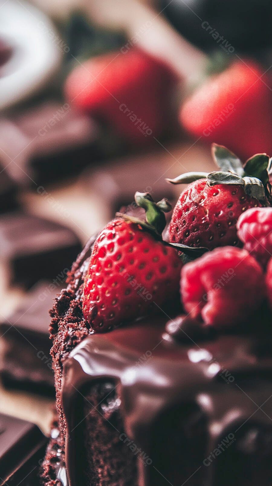 Bolo de chocolate cremoso com morangos e framboesas vermelhas frescas